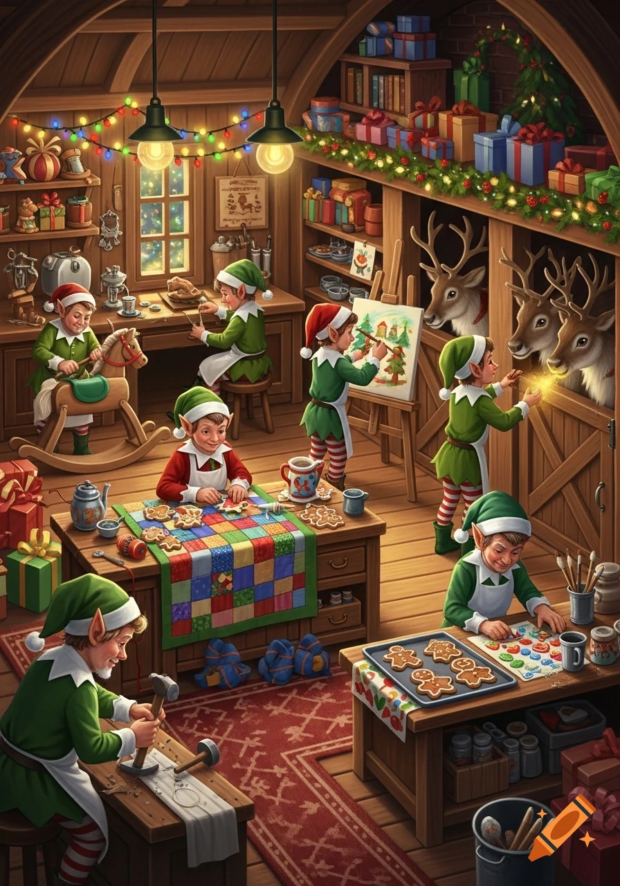 A vibrant illustration of Santa's busy workshop with elves crafting, baking, painting, and feeding reindeer amidst Christmas decorations and gifts.