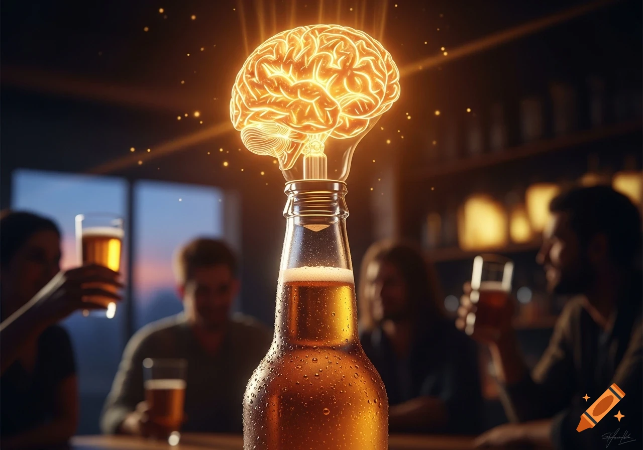 Photorealistic beer bottle with a glowing brain lightbulb emerging from it in a dimly lit bar scene with blurred people.