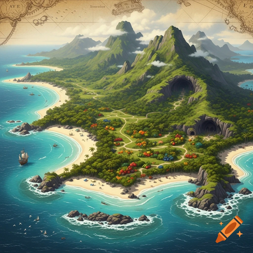 A stylized map of a lush tropical island with green mountains, sandy beaches, turquoise water, boats, caves, and colorful fruit trees.