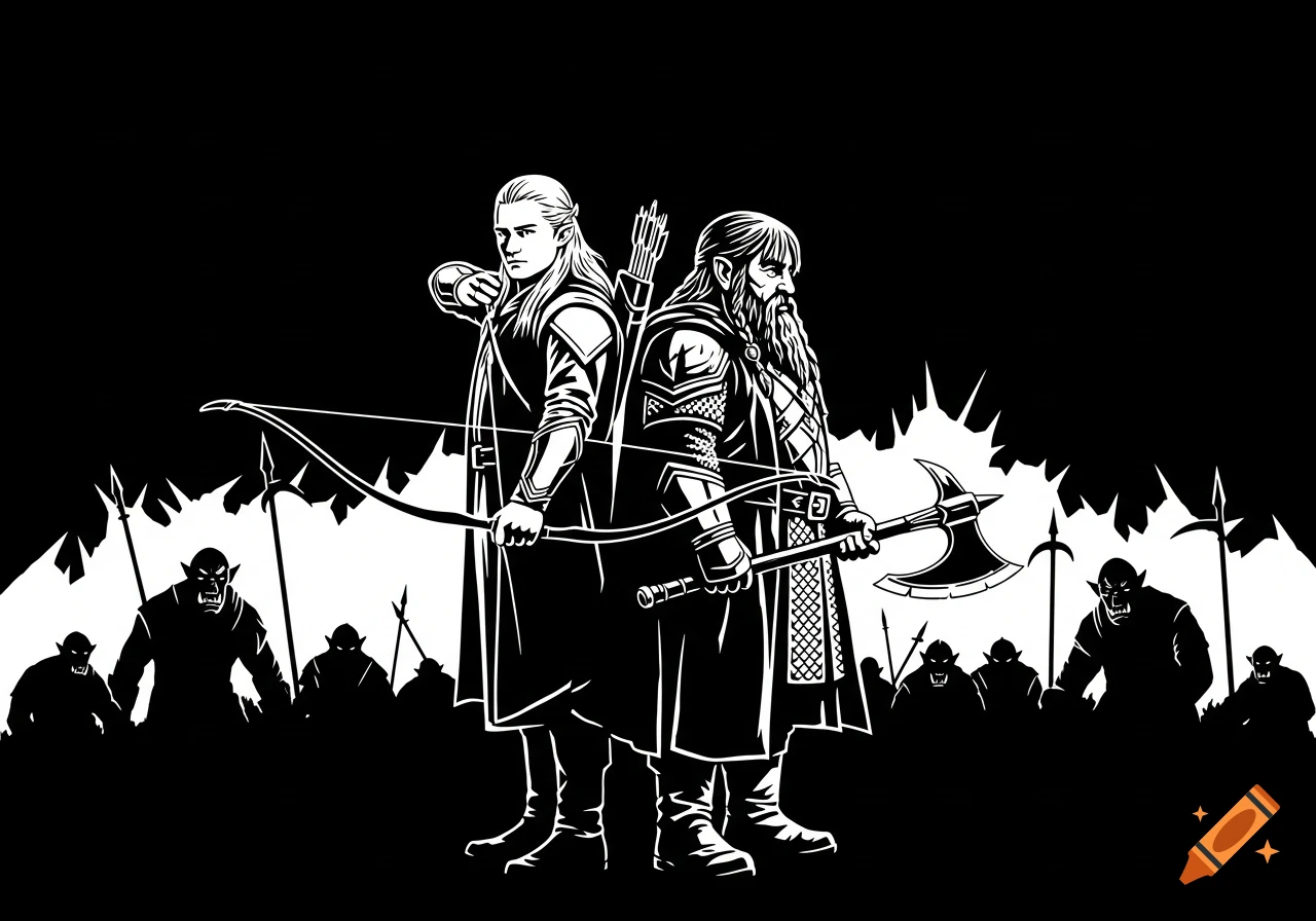White on black stencil silhouette of an elf and a dwarf, Legolas and Gimli, standing back to back, surrounded by orcs.