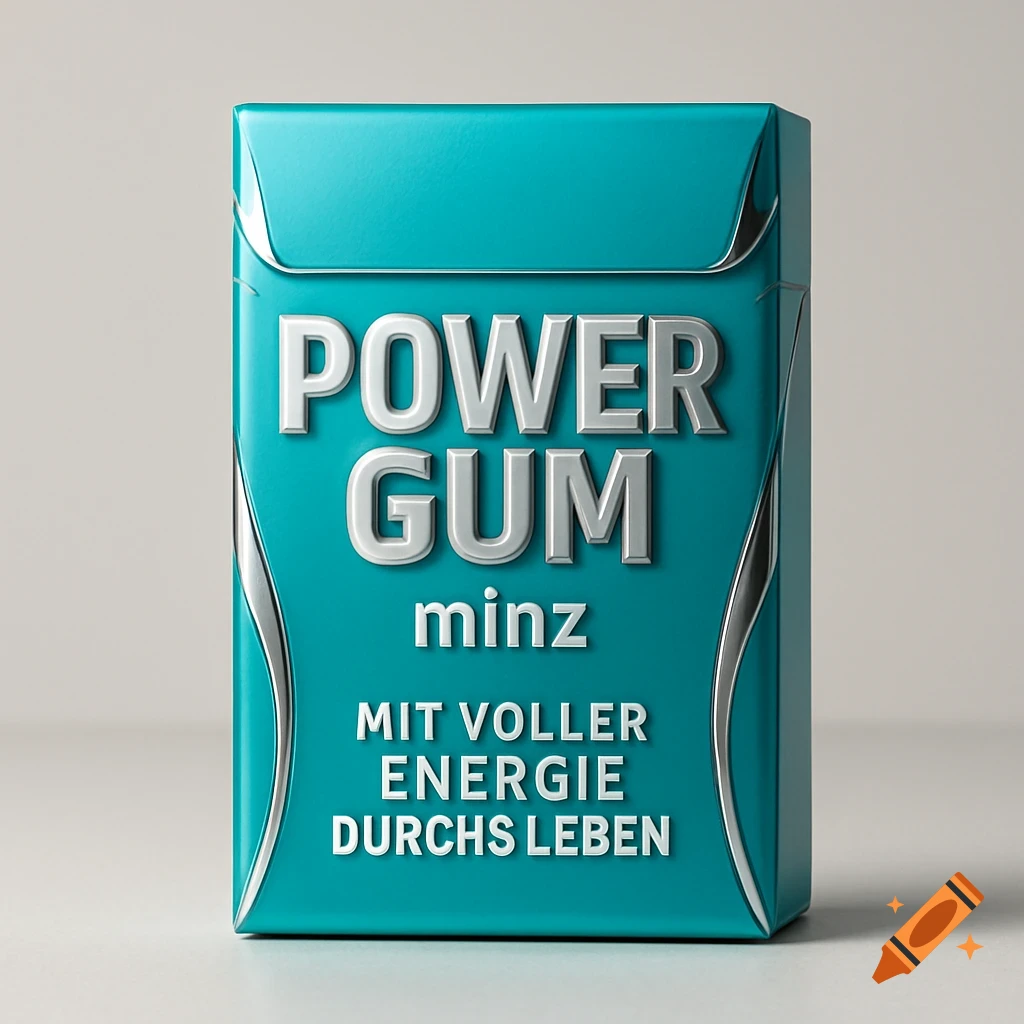 A turquoise and silver chewing gum package with 'POWER GUM minz' and 'MIT VOLLER ENERGIE DURCHS LEBEN' text.