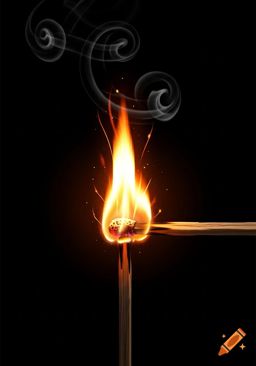 A close-up of a burning matchstick with a bright yellow-orange flame and curling grey smoke against a black background.