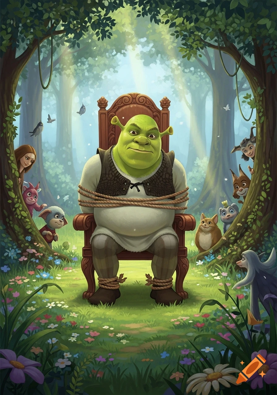 Shrek tied to a wooden chair in a vibrant forest, watched by fairytale creatures peeking from behind trees and flowers, in an animated style.