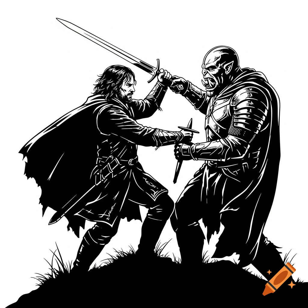 Black and white stencil silhouette illustration of Aragorn battling an Orc leader with swords on a grassy hill.