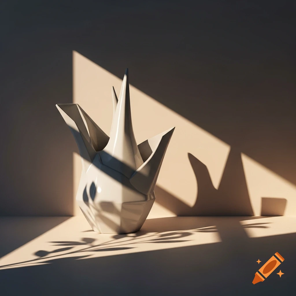 A white geometric sculpture with pointed forms sits on a surface, dramatically lit by sunlight from the right, casting sharp shadows and leaf patterns.