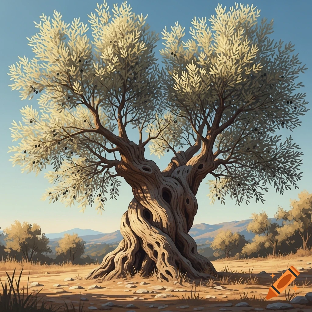 A gnarled olive tree with light leaves and dark olives stands in a dry, rocky field under a blue sky, in an illustrative style.