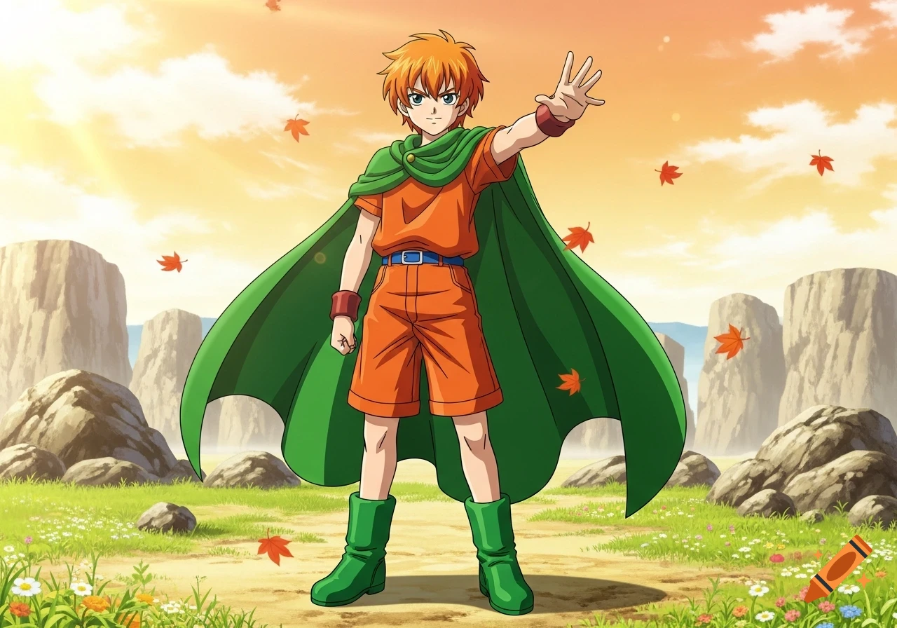Anime illustration of an orange-haired boy in a green cape and orange shorts, standing in a grassy field with rocks, arm raised.