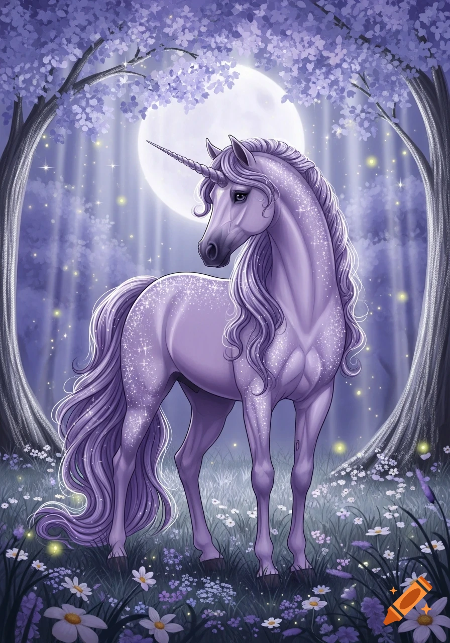 A shimmering purple unicorn with a long mane and tail stands in a moonlit magical forest filled with glowing fireflies and wildflowers.