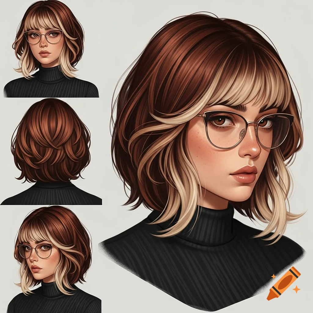 Stylized illustration of a woman with a two-tone bob haircut, bangs, and cat-eye glasses, shown from multiple angles.