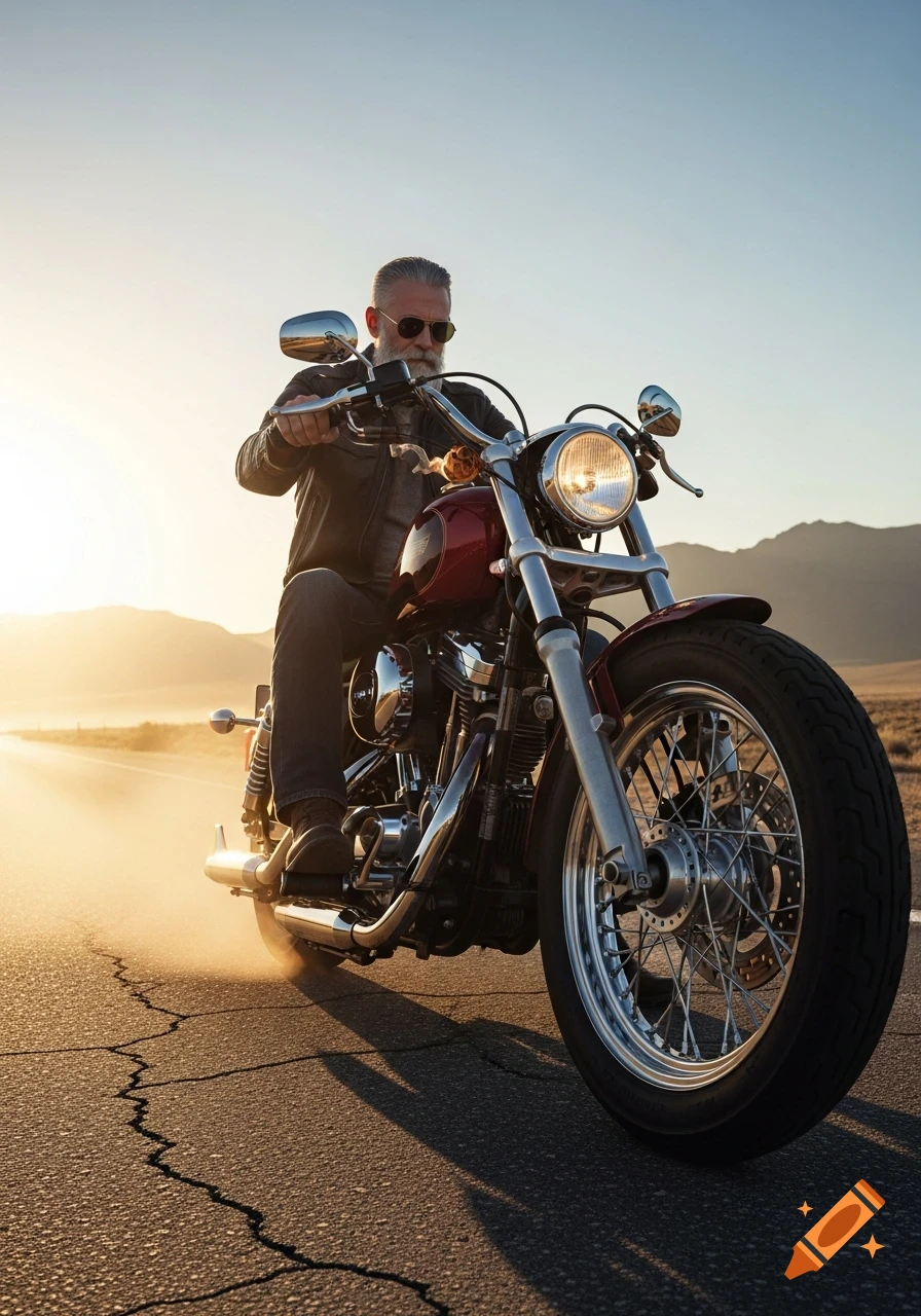 A grey-bearded man in sunglasses rides a red motorcycle on a cracked desert road at sunset, stirring up dust.