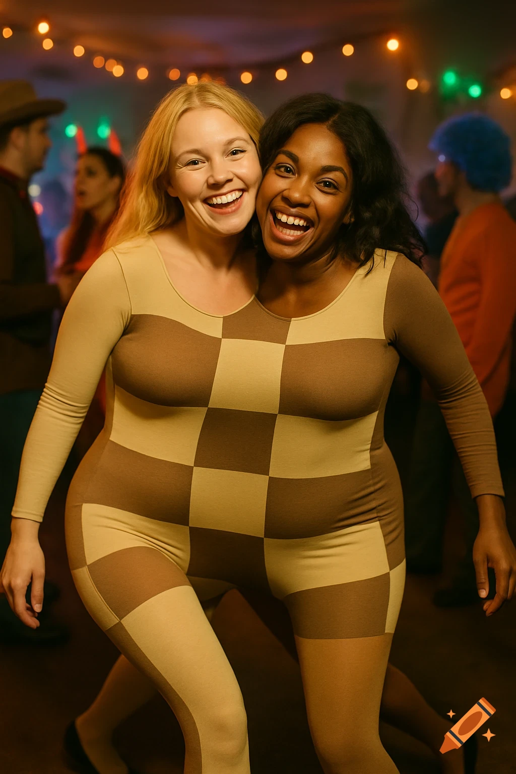 Two smiling women in a two-headed illusion costume, wearing a single checkered leotard at a lively party.