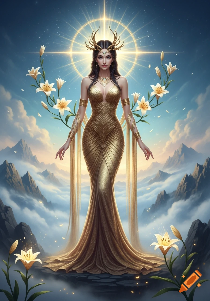 A goddess in a golden gown with deer antlers, surrounded by lilies and mountains under a starry sky, digital art.