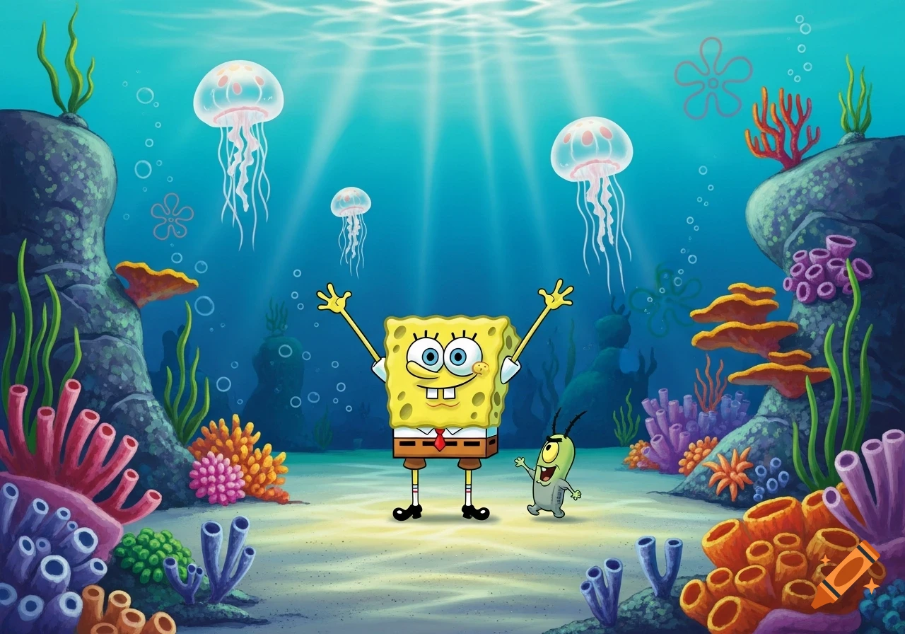 Spongebob Squarepants and Plankton happily standing on the ocean floor surrounded by colorful coral, rocks, and jellyfish under sun rays.