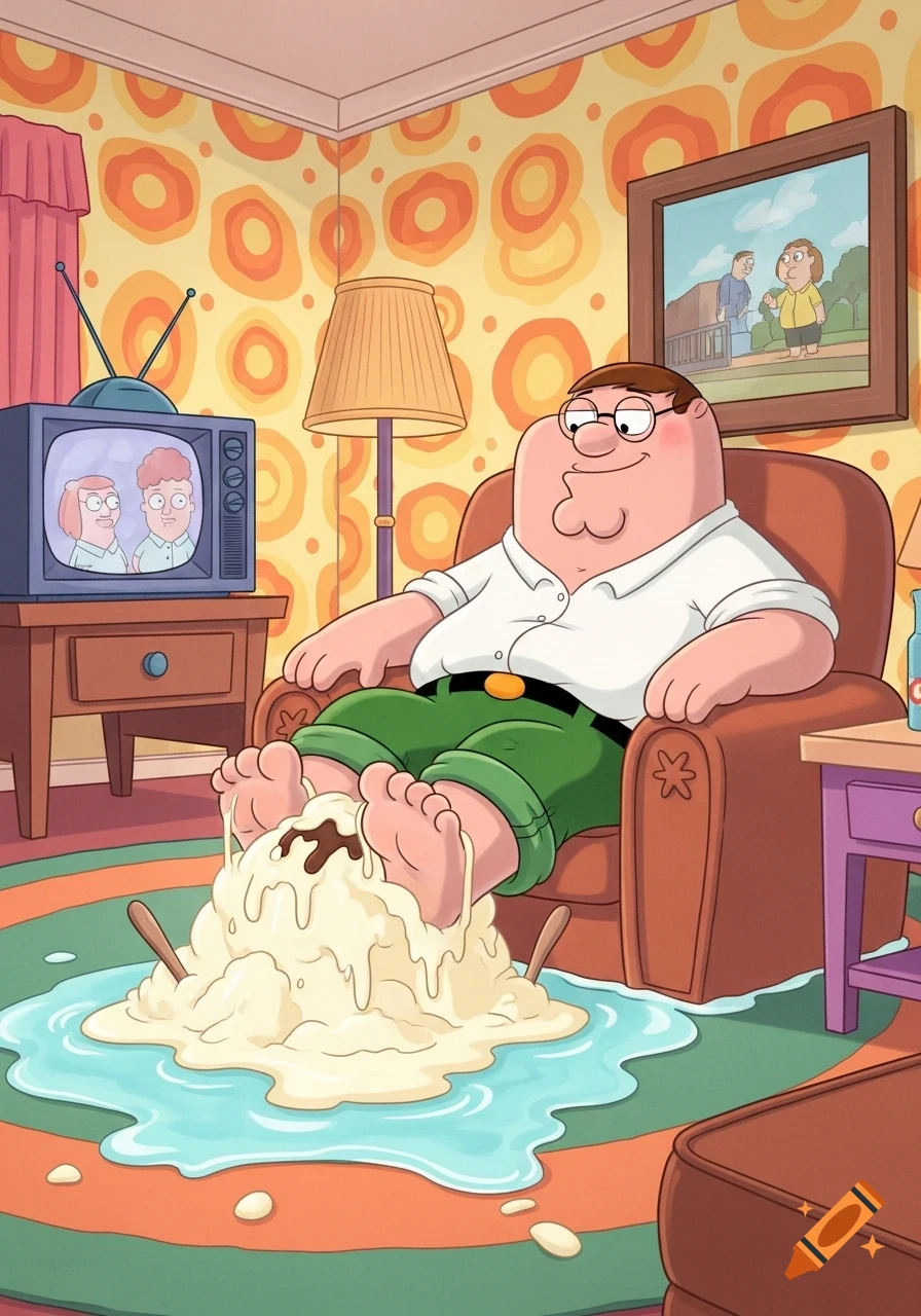 Peter Griffin relaxes in an armchair, with his bare feet soaking in a melting pile of vanilla ice cream with chocolate syrup on a rug in a living room.