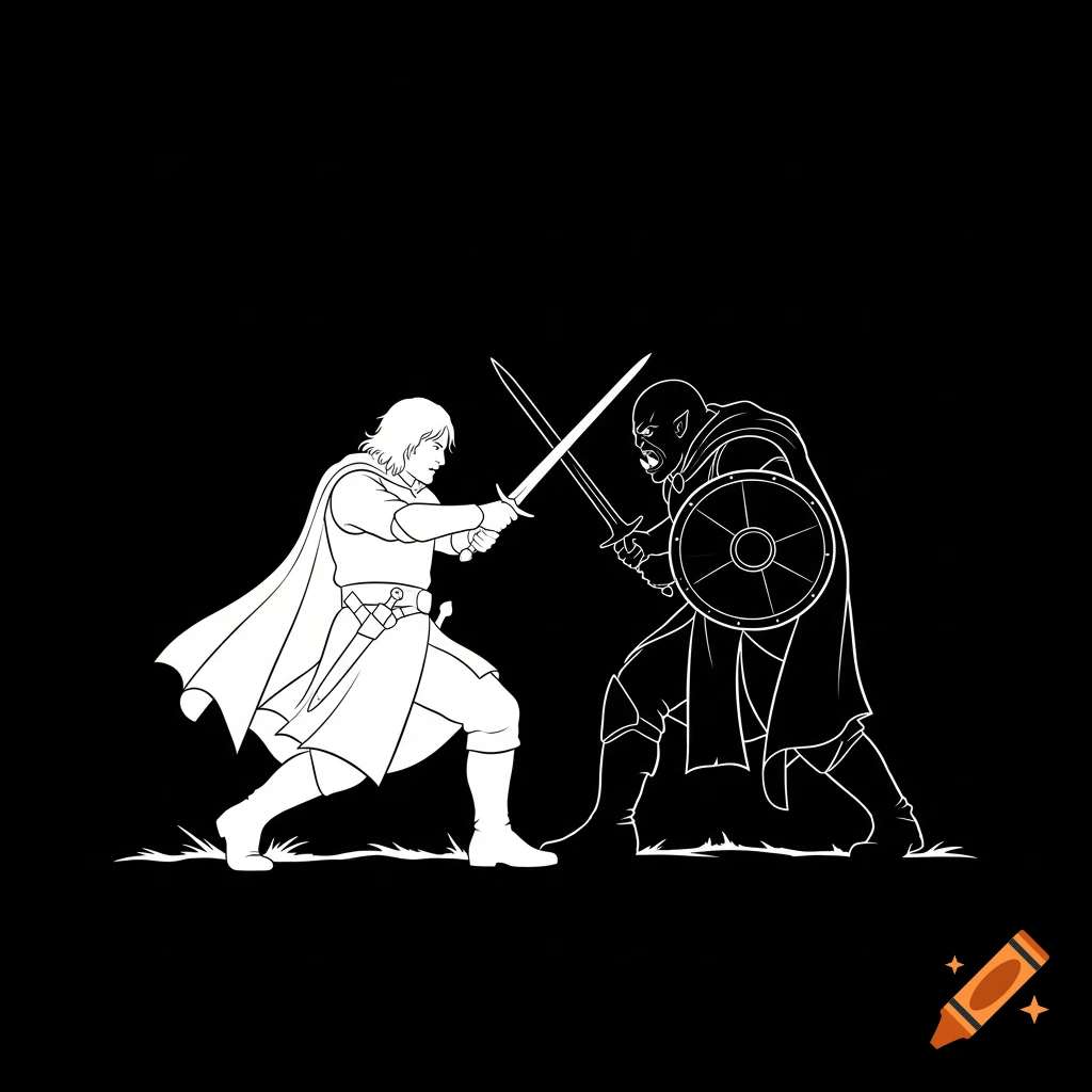 White on black stencil illustration of Aragorn battling an orc with swords.