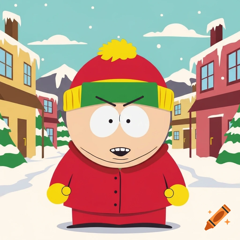 Angry Eric Cartman in a red coat and hat stands in a snowy street with houses in the background, in cartoon style.