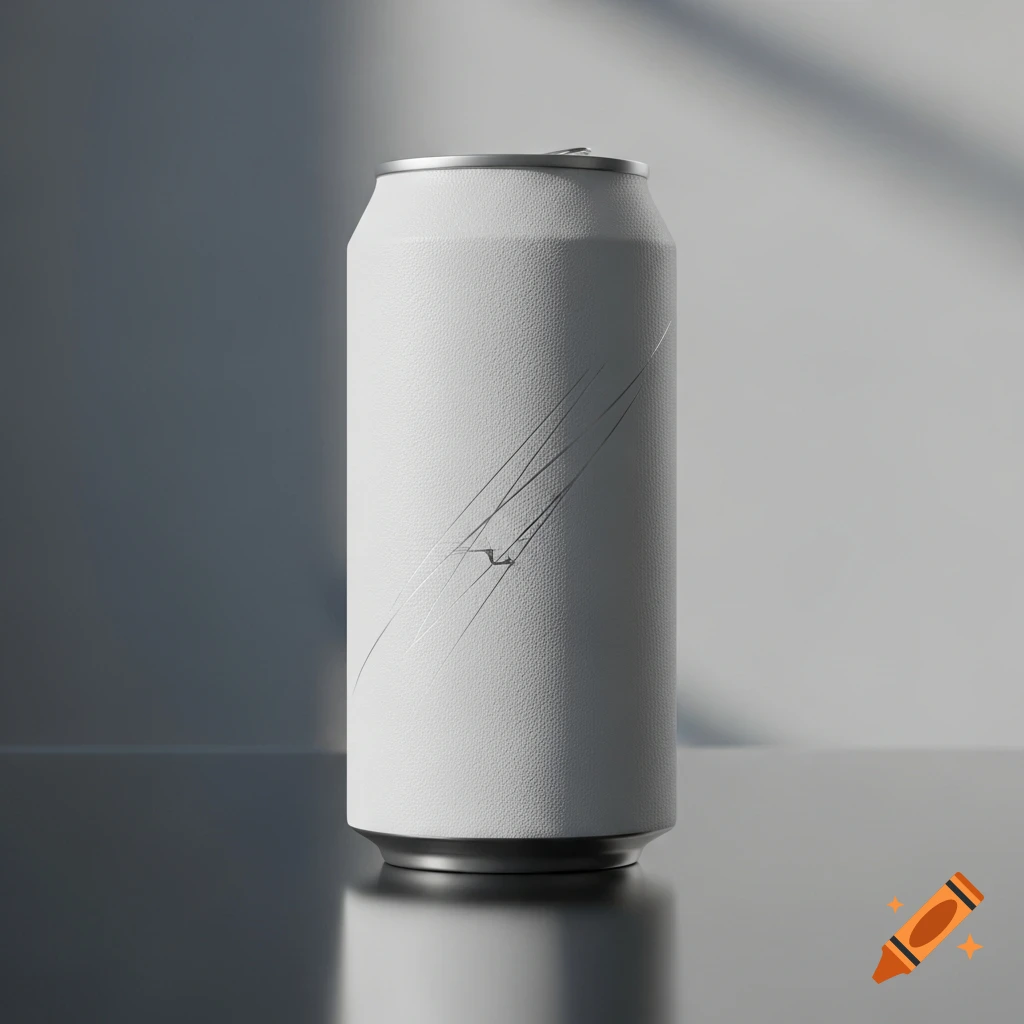 A white energy drink can with a textured surface and abstract silver scratch designs stands on a reflective surface under soft studio lighting.