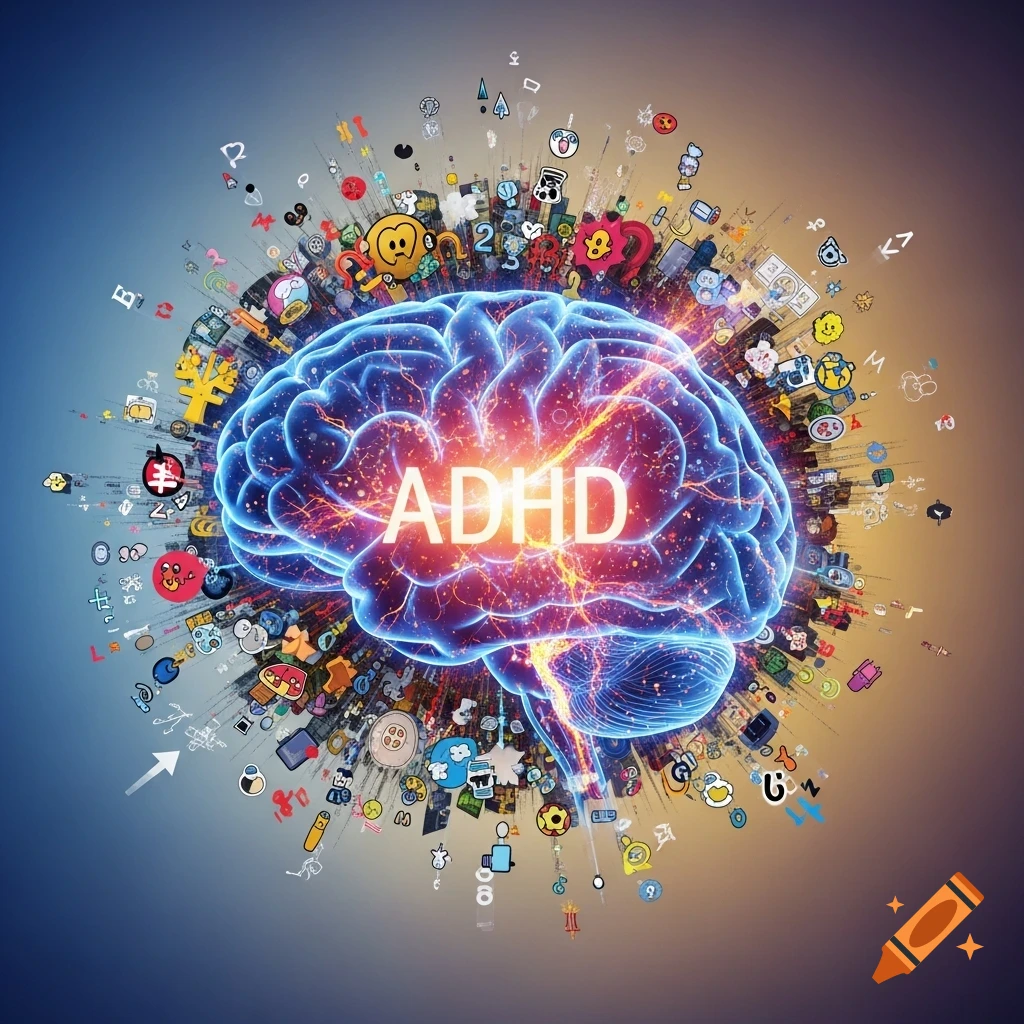 Glowing blue brain with 'ADHD' text, surrounded by an explosion of colorful, chaotic symbols on a gradient background.