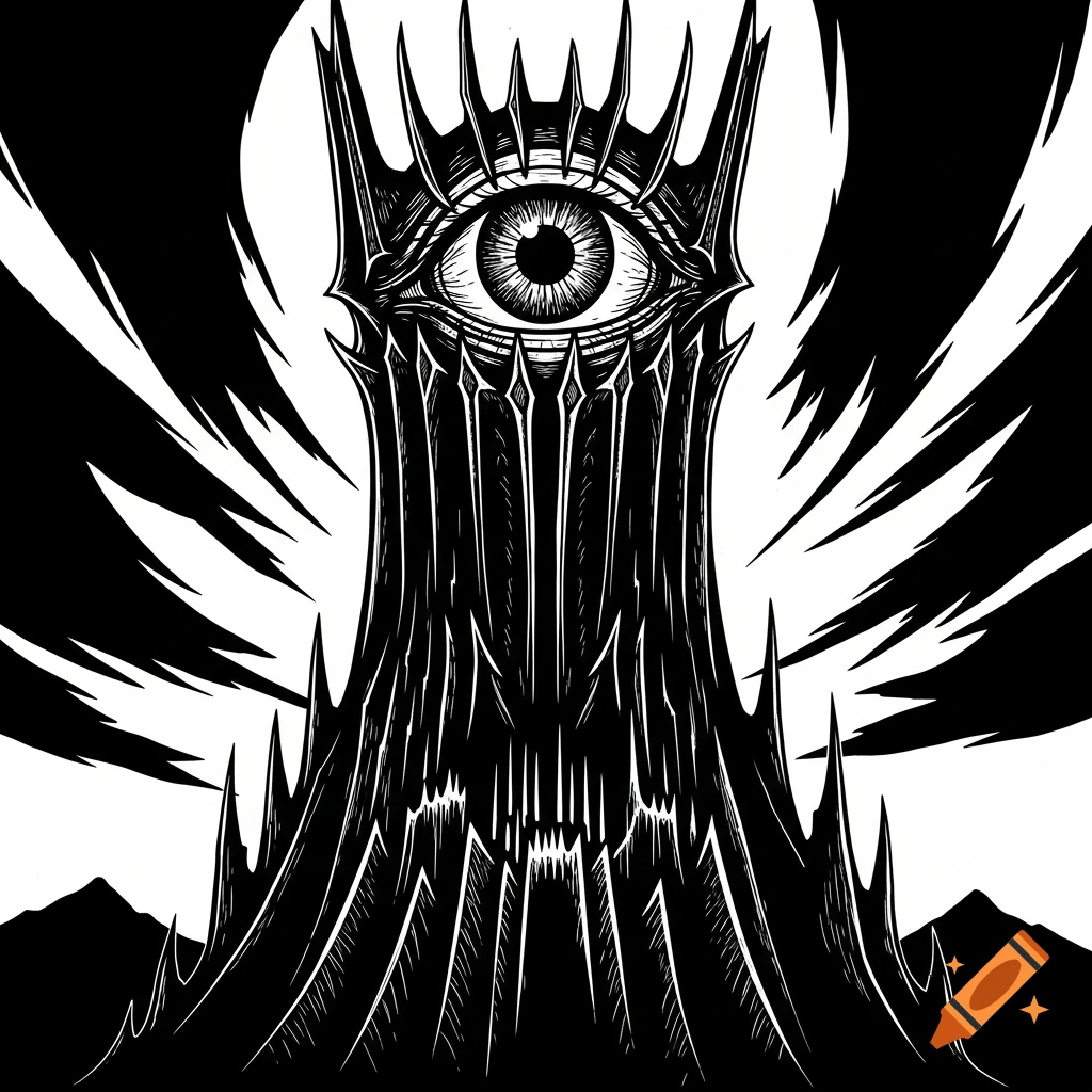 A black and white illustration of Sauron's Eye atop a dark, jagged ...