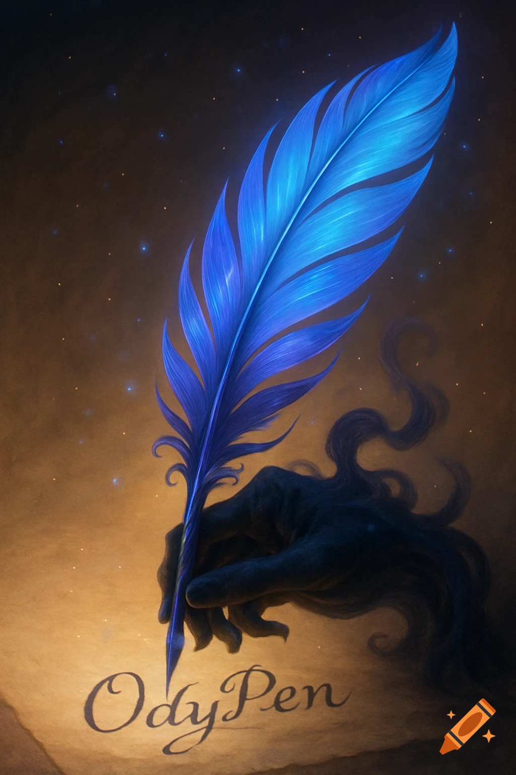 A dark, spectral hand holds a glowing blue feather quill, writing "OdyPen" on a scroll against a starry, golden-brown background.