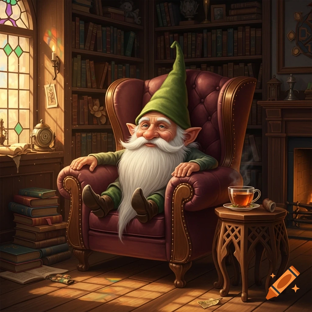 A friendly old gnome with a long white beard relaxes in a cozy red armchair in a detailed library, next to a window and a cup of tea.