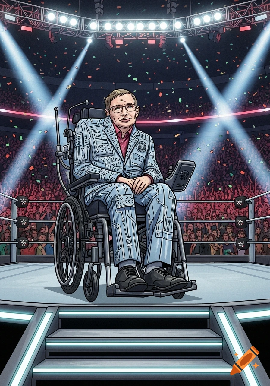 Cartoon of Stephen Hawking in a circuit-patterned suit and wheelchair, on a wrestling ring platform under spotlights, crowd cheering.