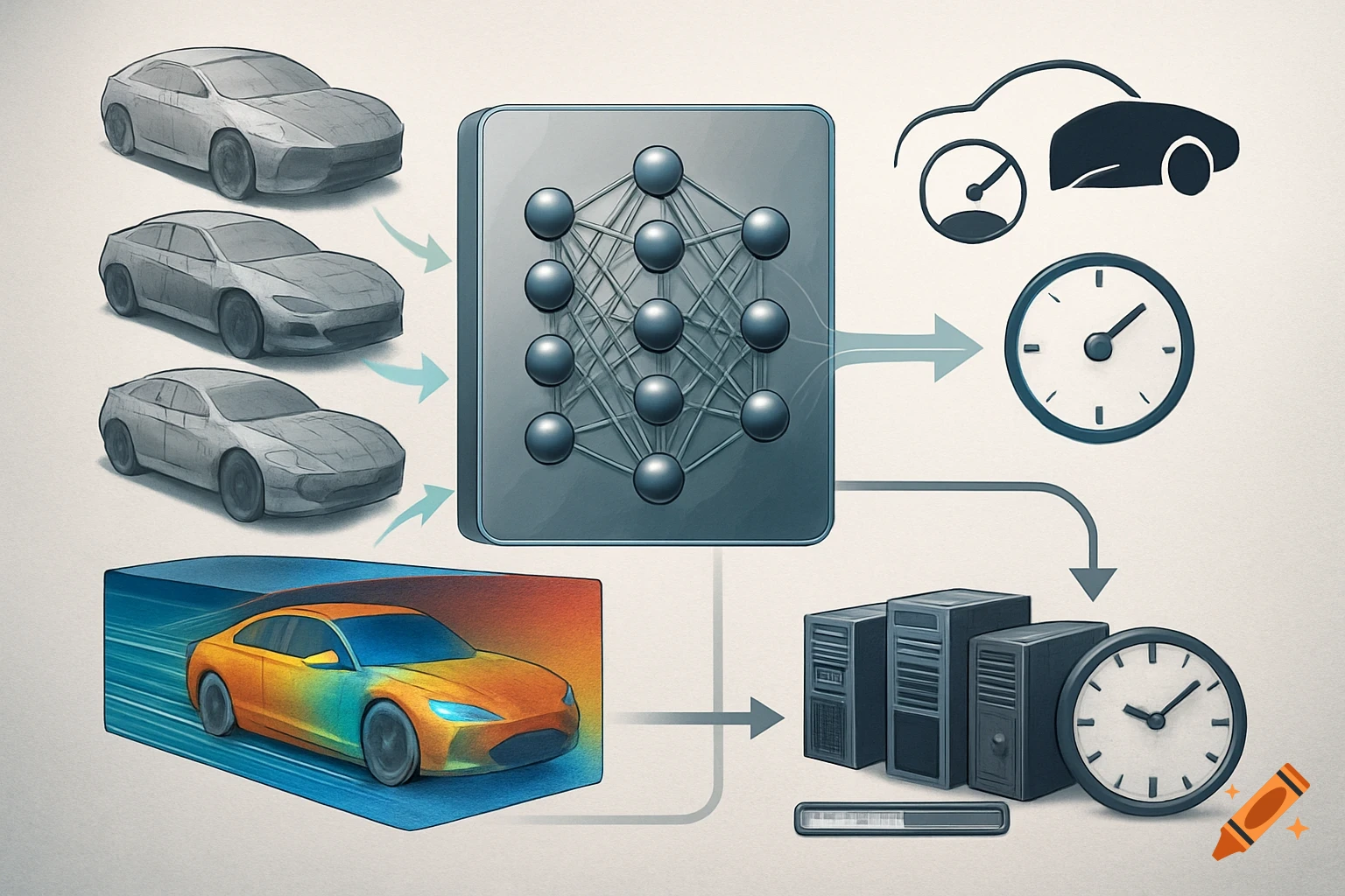 Diagram showing neural network processing grey car models for quick results versus a car undergoing slow, detailed CFD simulation with servers.