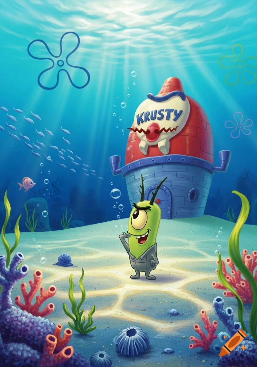 Cartoon illustration of Plankton in a suit standing underwater near a clown-like building labeled 'KRUSTY', with coral and fish.