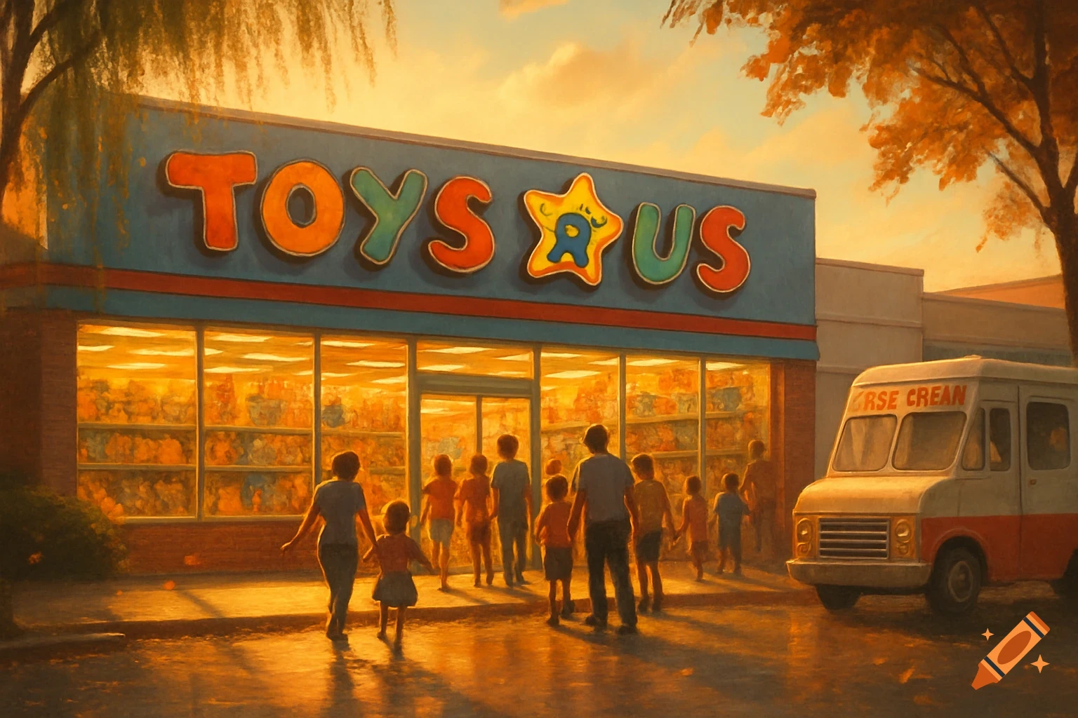 A stylized painting of a "Toys R Us" store at sunset, with families walking towards the entrance and an ice cream truck parked nearby.