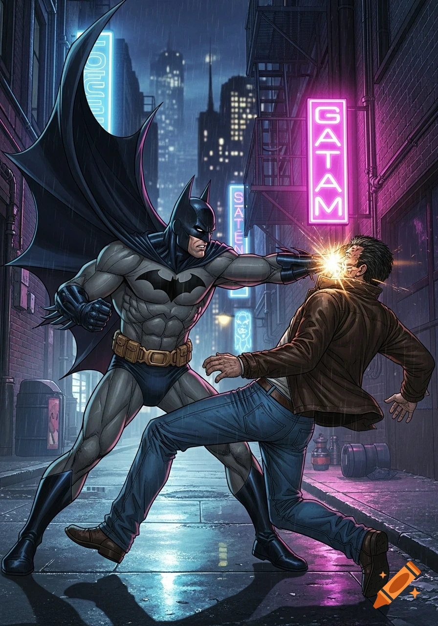 Batman in a grey and black suit punches a man in a brown jacket in a rainy, neon-lit Gotham alley, comic book art style.