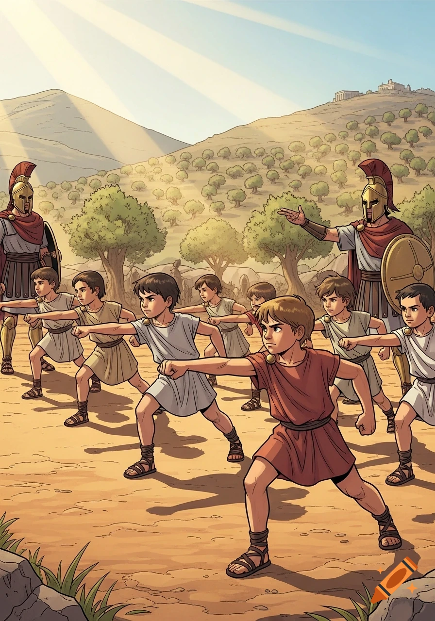Comic art of Spartan warriors instructing young boys in a sports exercise outdoors in ancient Greece.