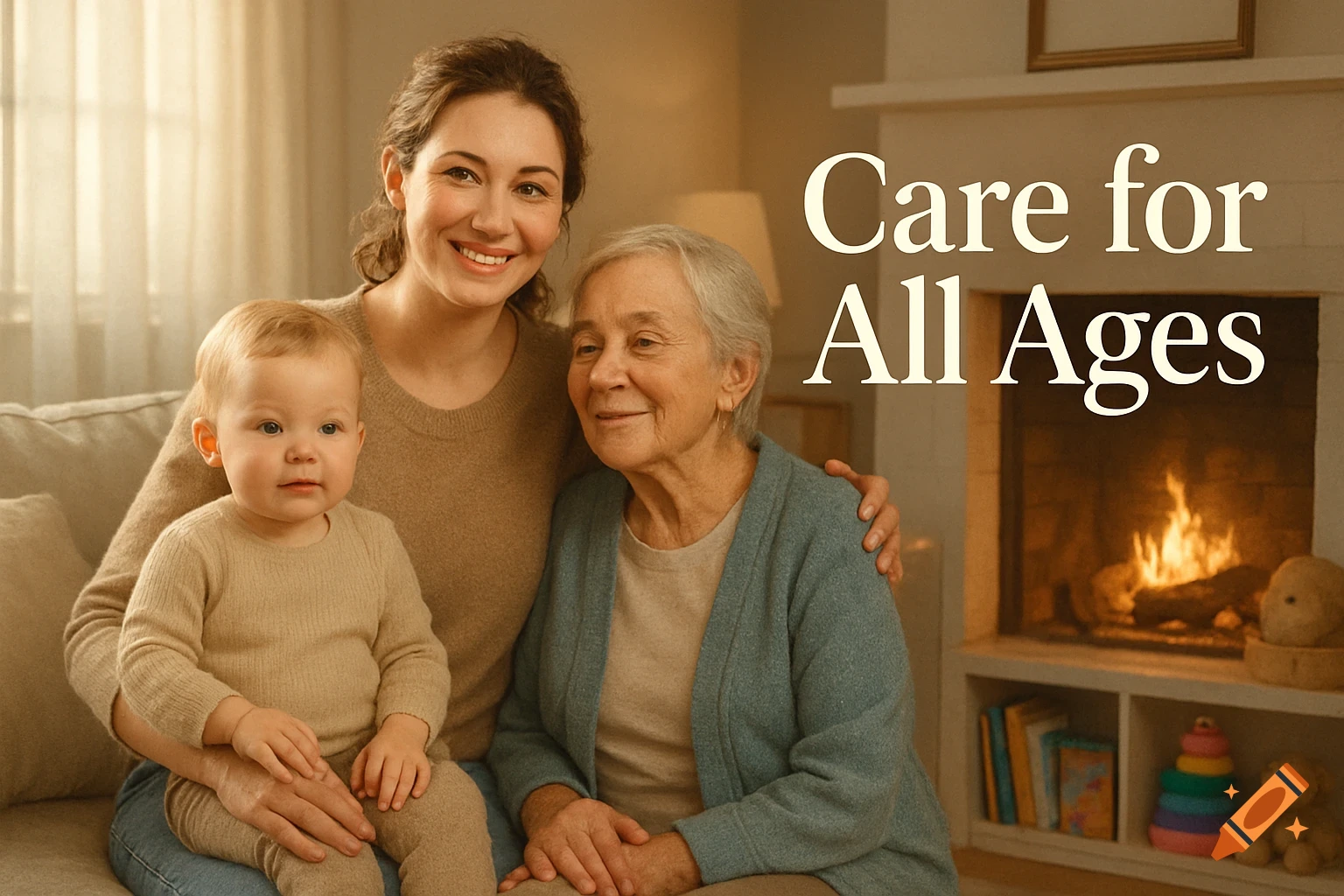 A young woman holding a baby and an elderly woman smile in a cozy living room with a fireplace. Text reads Care for All Ages.