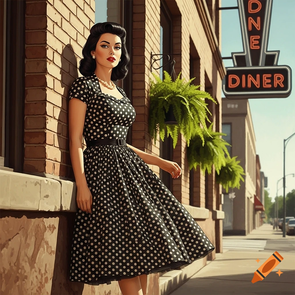 Illustrative depiction of a woman in a black and white polka dot 1950s dress leaning against a brick building with a neon 'DINER' sign.