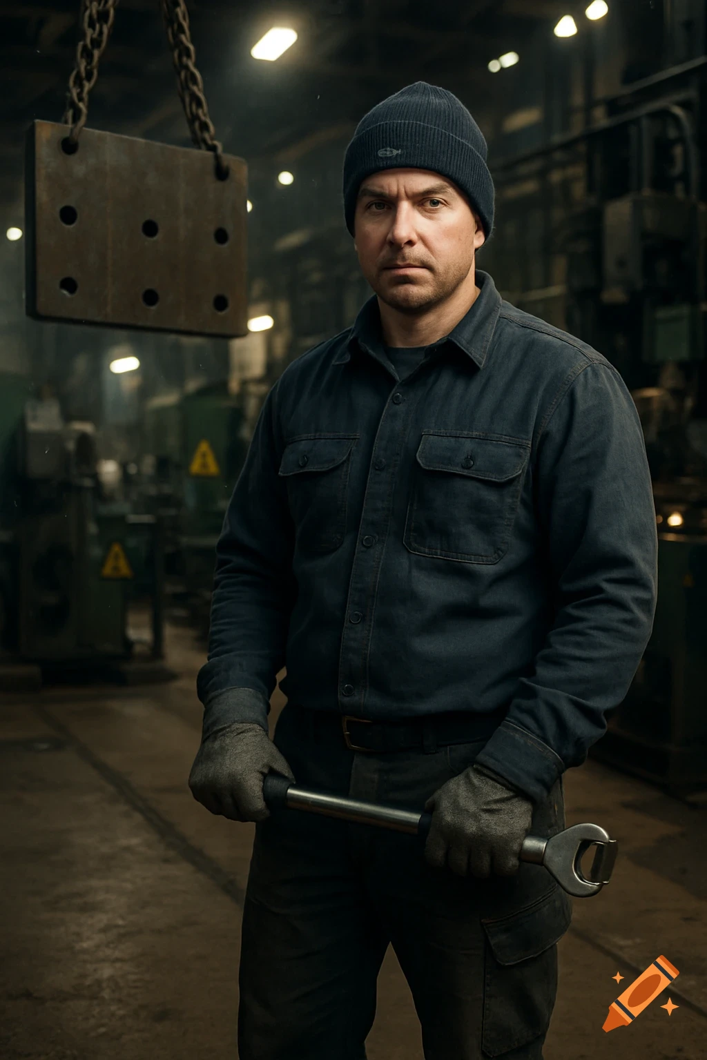 A serious man in a beanie and work clothes holds a large wrench in a photorealistic industrial workshop.