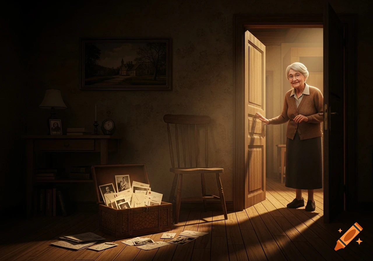 An elderly woman stands in a doorway, smiling, while a dimly lit room holds an open antique box with old photos and letters.