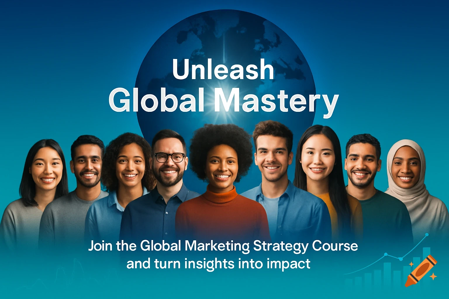 A diverse group of smiling professionals stands below the text 'Unleash Global Mastery' and 'Join the Global Marketing Strategy Course' on a blue background with a globe.