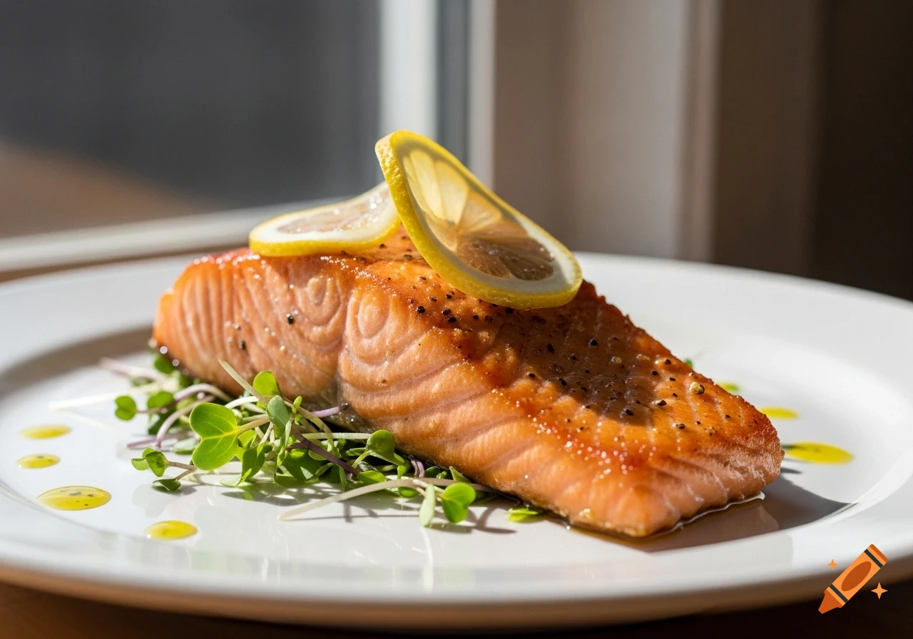 A close-up shot of a perfectly cooked salmon fillet garnished with two lemon slices and microgreens on a white plate.