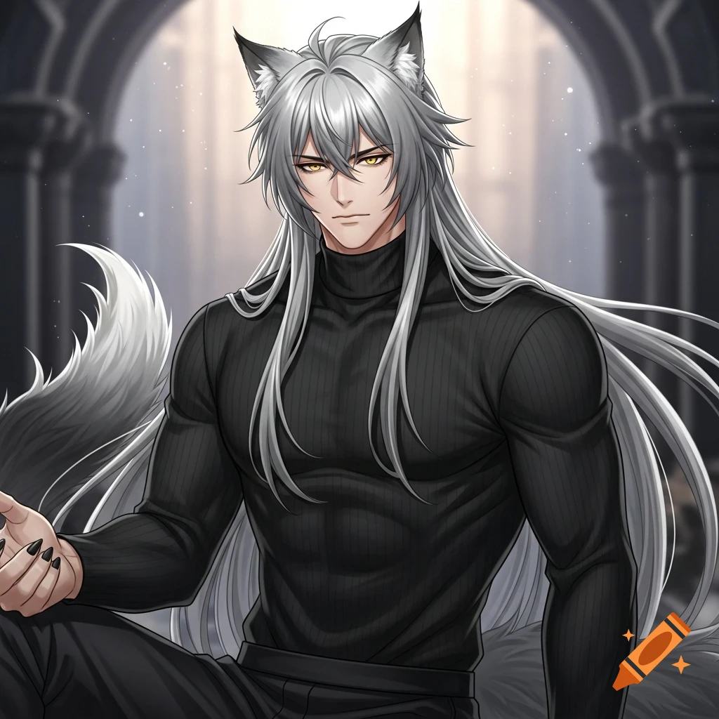 A muscular anime werewolf with long silver hair, golden eyes, black wolf ears, and a tail, wearing a black turtleneck, in a dark gothic setting.
