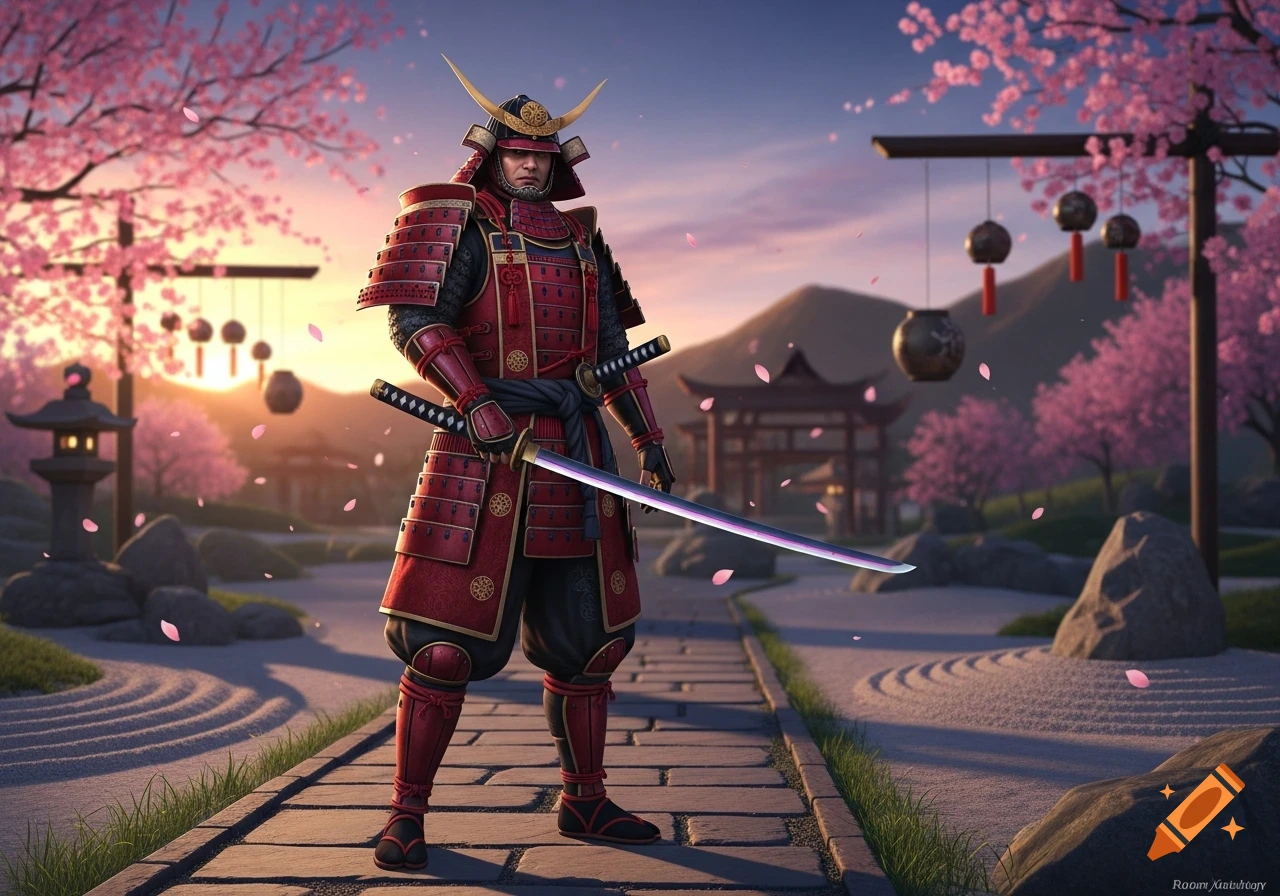 A samurai in red and black armor stands in a vibrant cherry blossom garden at sunset, holding a glowing katana.