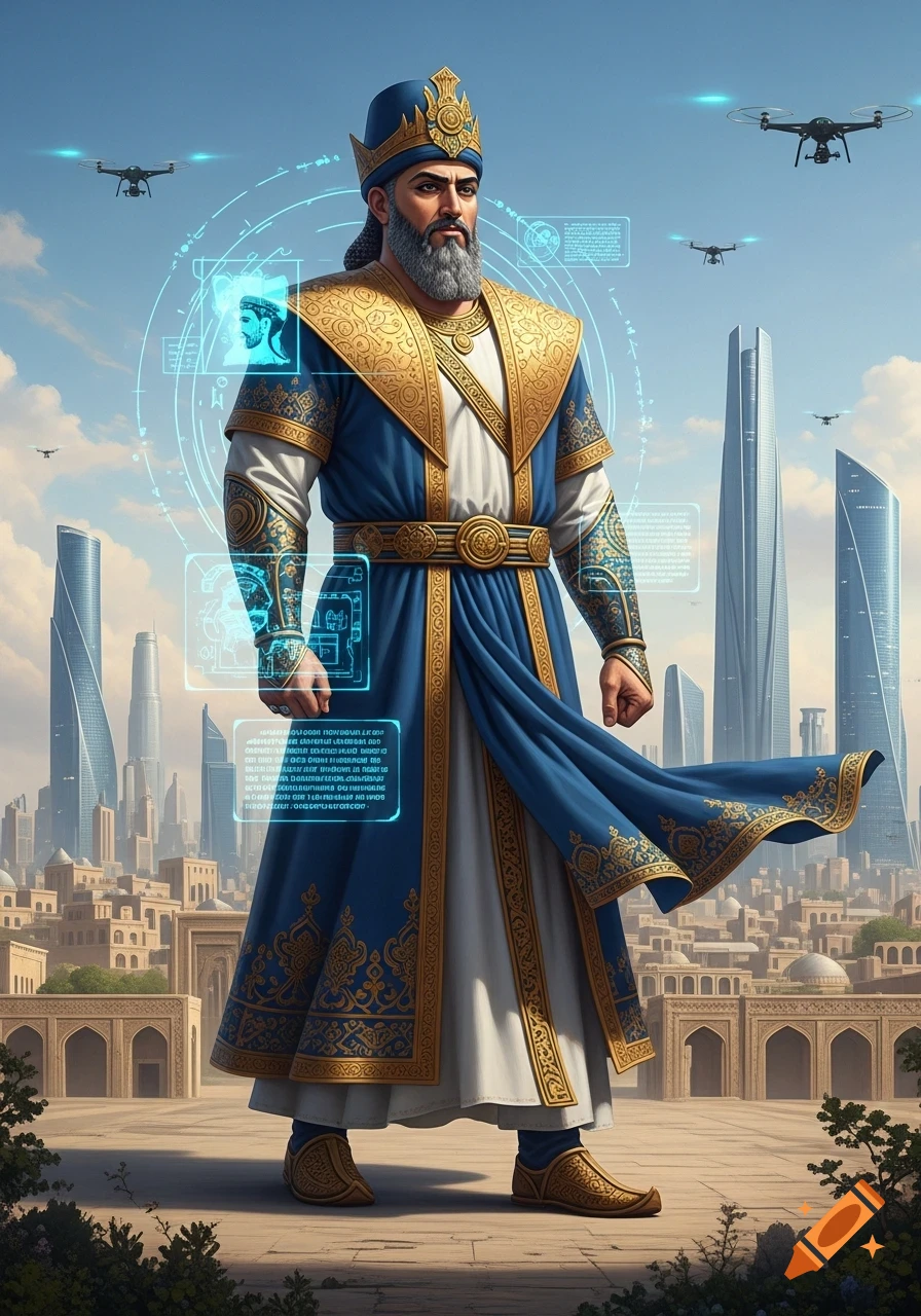 A man in ornate blue and gold robes stands on a rooftop overlooking a city with ancient and futuristic buildings and flying drones.