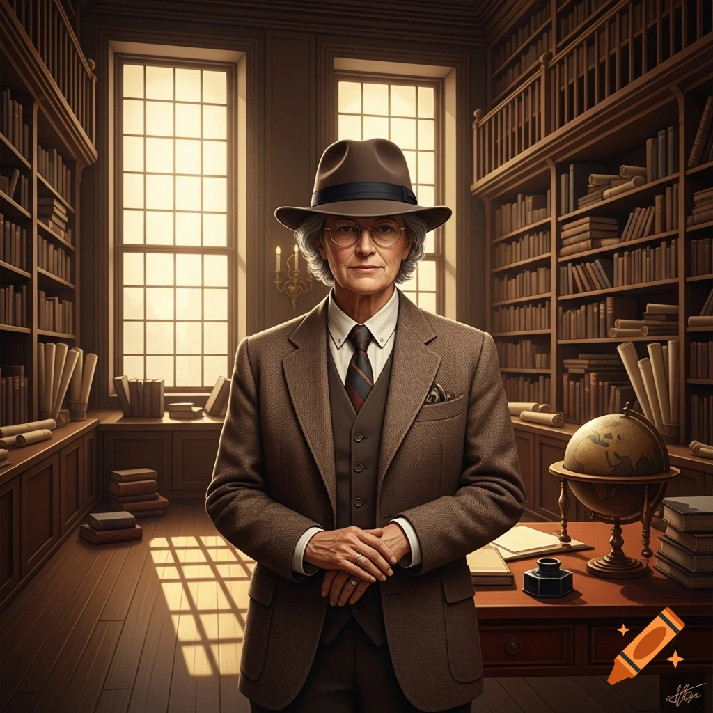 A distinguished person with gray hair, glasses, and a brown fedora stands in a grand library filled with bookshelves and large windows.