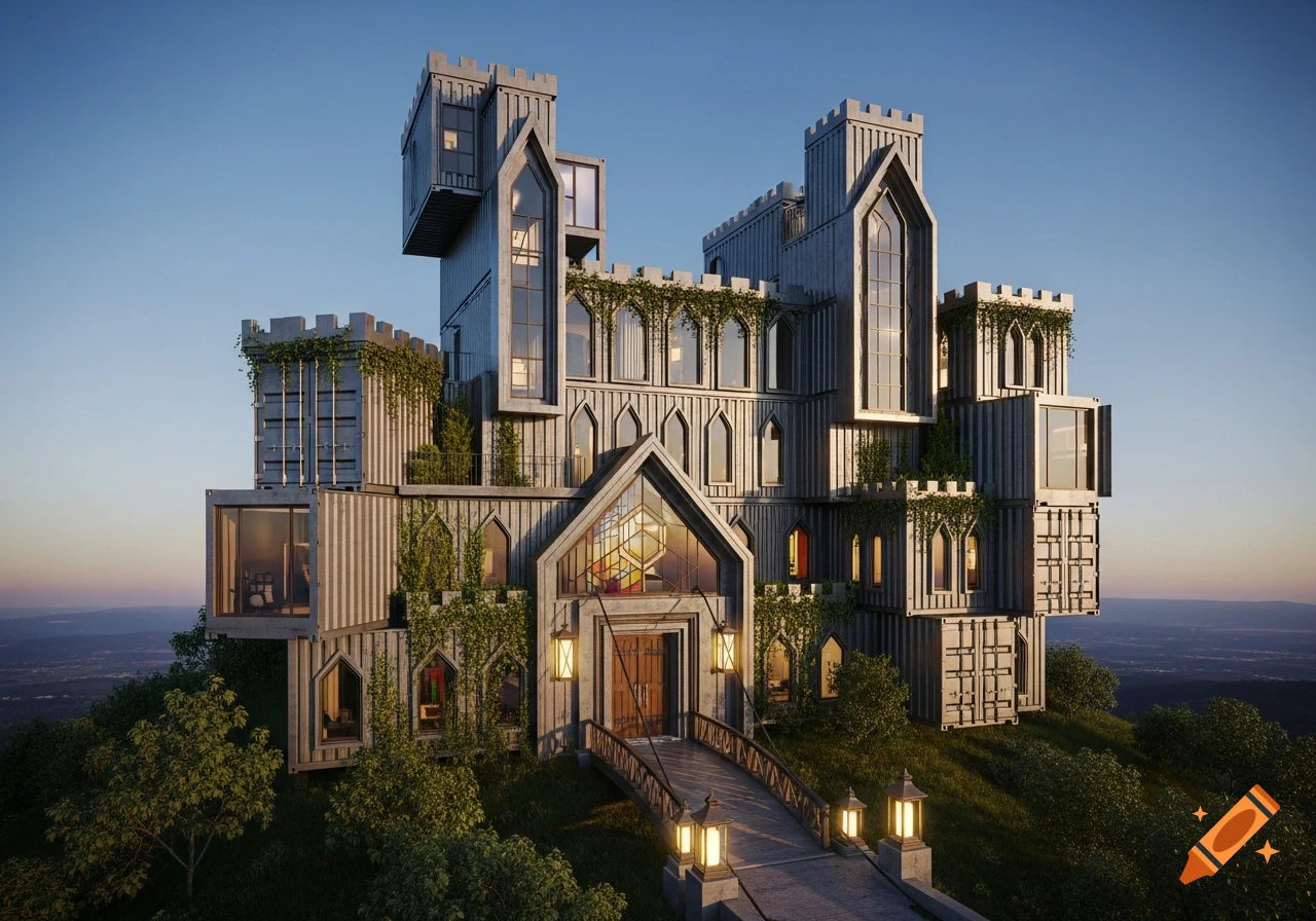 Photorealistic castle-like home constructed from shipping containers with gothic windows and ivy, situated on a lush green hill.