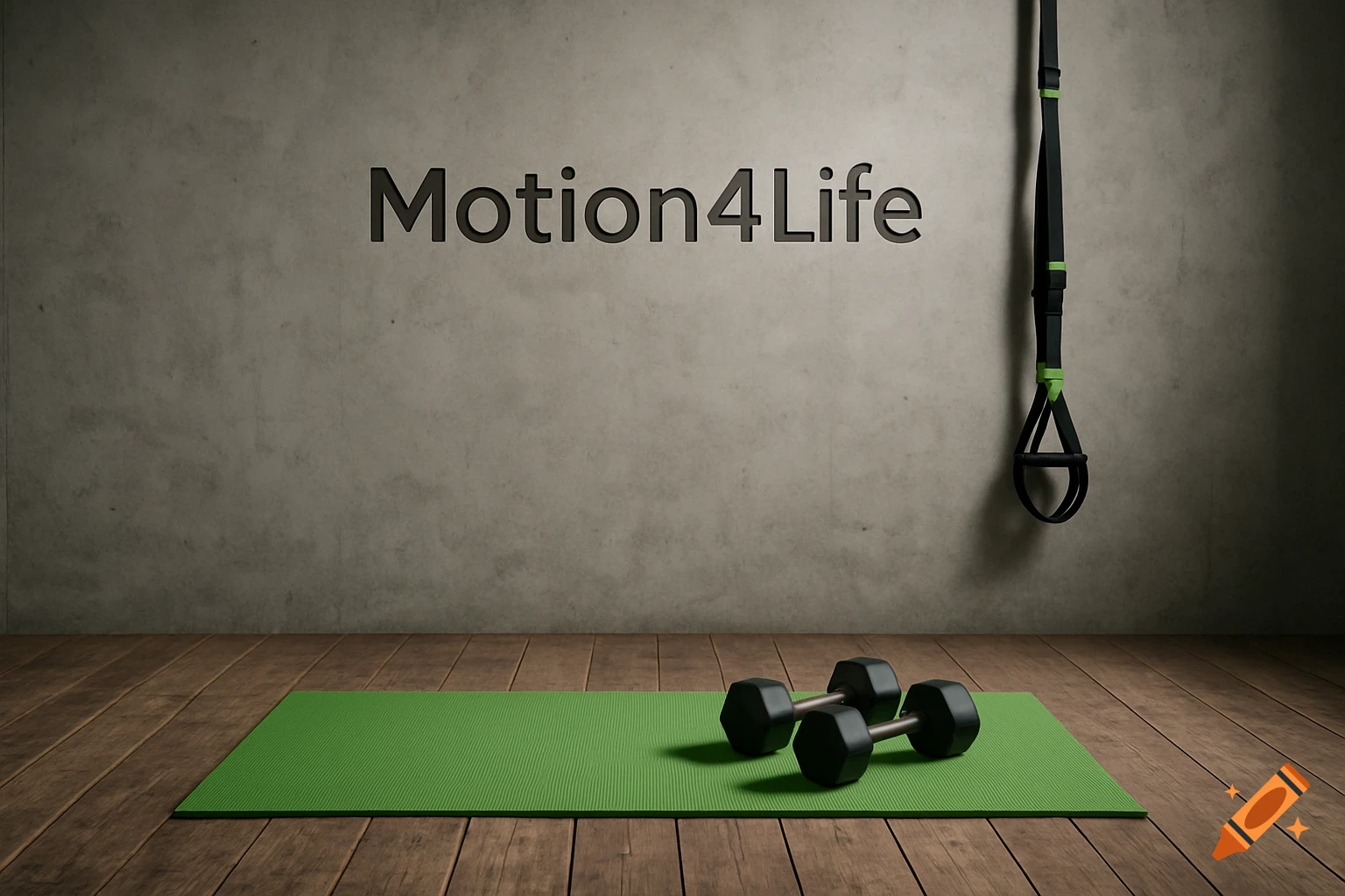 Photorealistic image of a gym space with 'Motion4Life' logo on a concrete wall, wooden floor, green yoga mat, two dumbbells, and a suspension trainer.