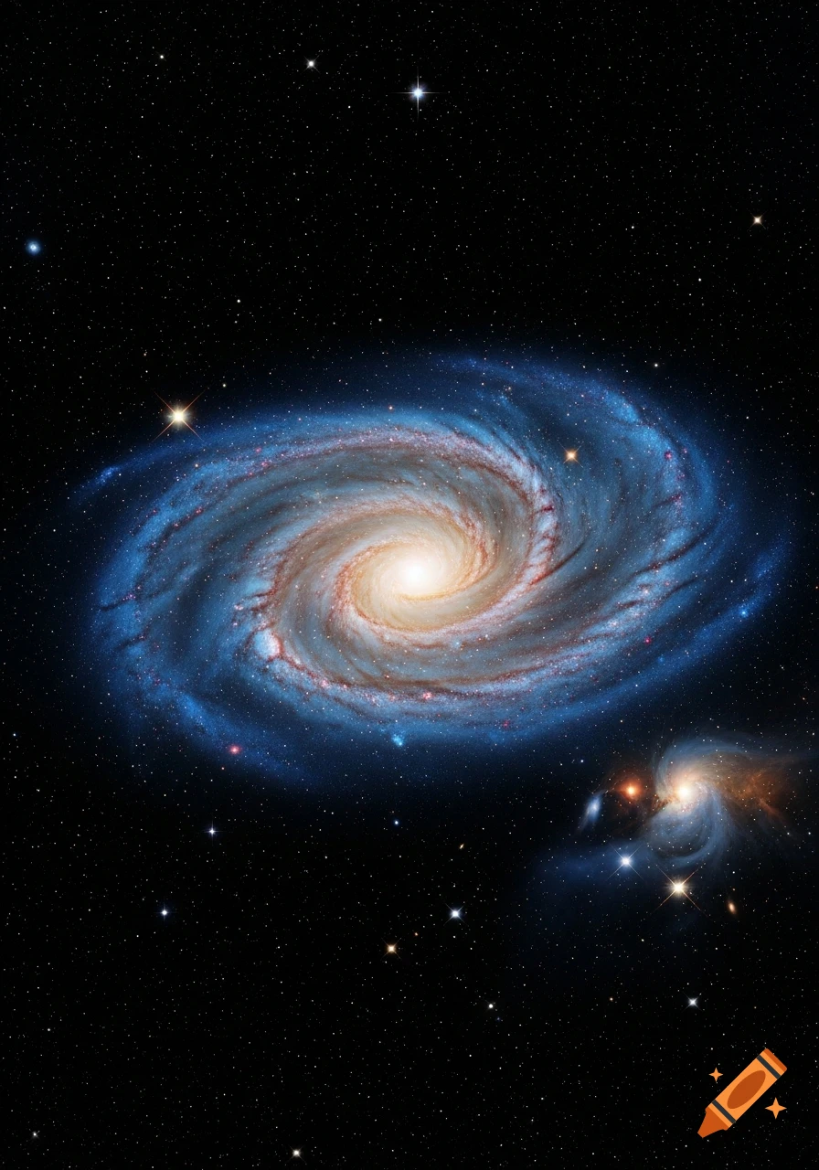 A vibrant blue and orange spiral galaxy with a bright core against a dark star-filled sky.