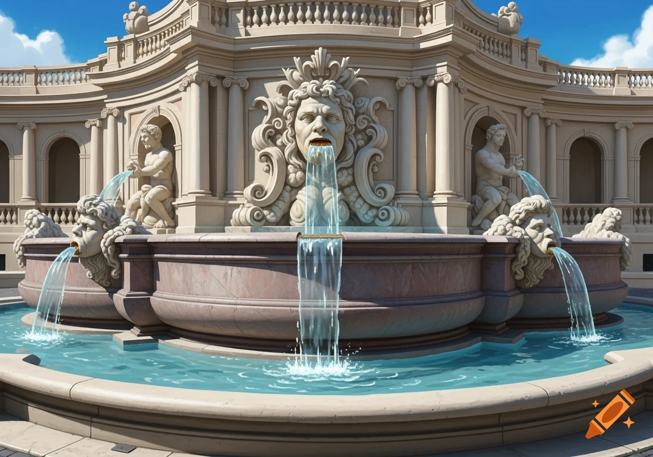A grand classical Roman-style fountain with ornate stone carvings of faces and male figures, with water flowing into a blue pool under a clear sky.