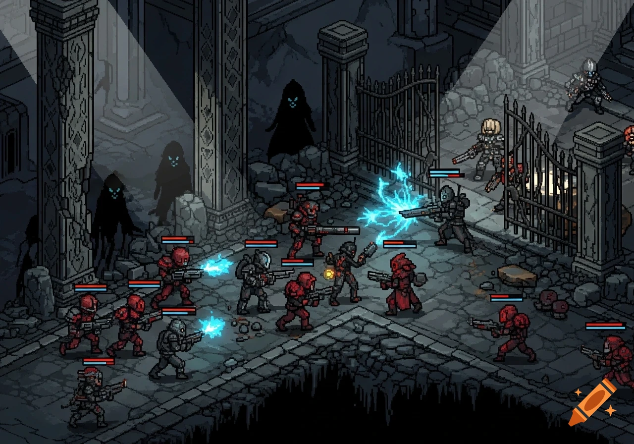 Isometric pixel art battle in a dark ruined hall. Red and gray armored figures exchange blue energy blasts while spectral figures watch from the shadows.