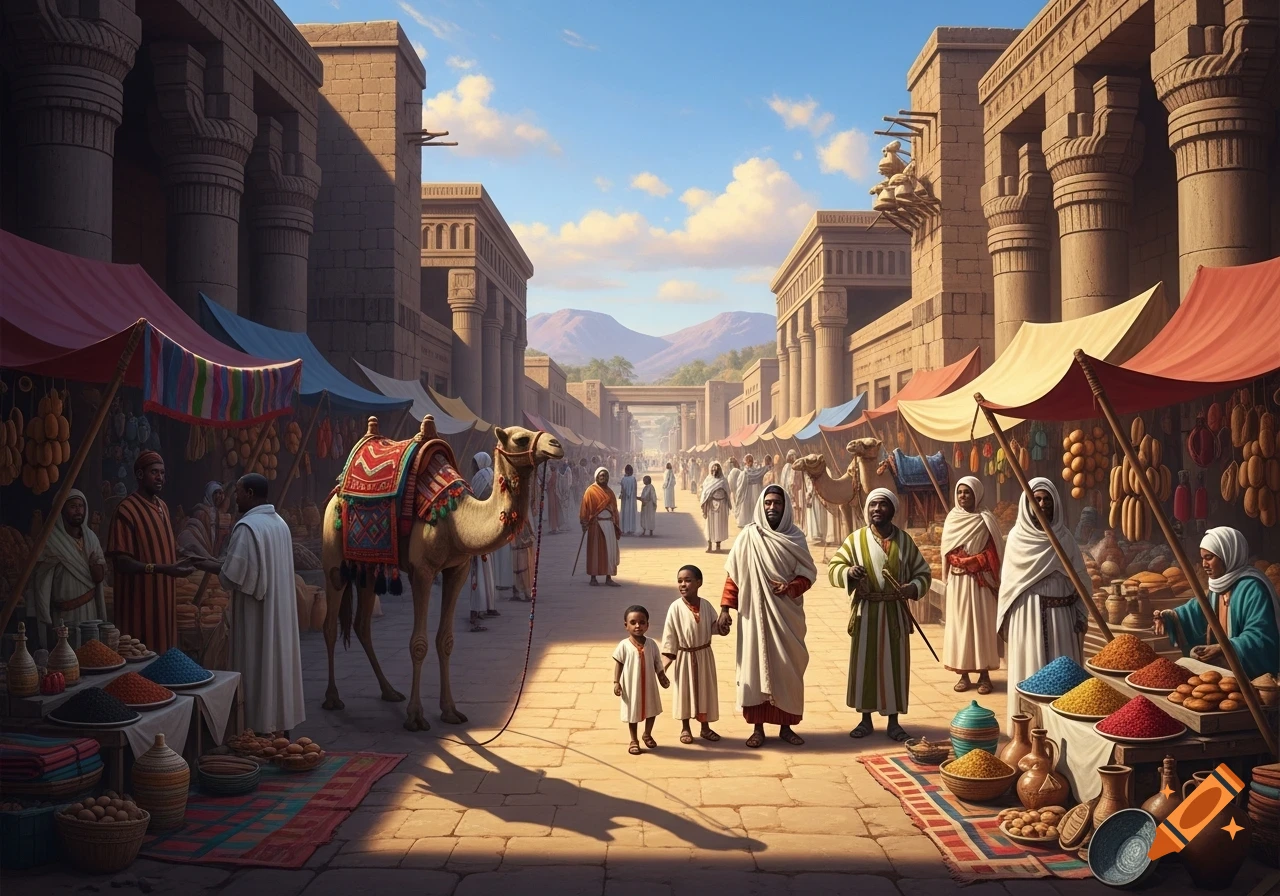 Bustling ancient street market with people, camels, and vendors under colorful awnings, flanked by stone buildings.