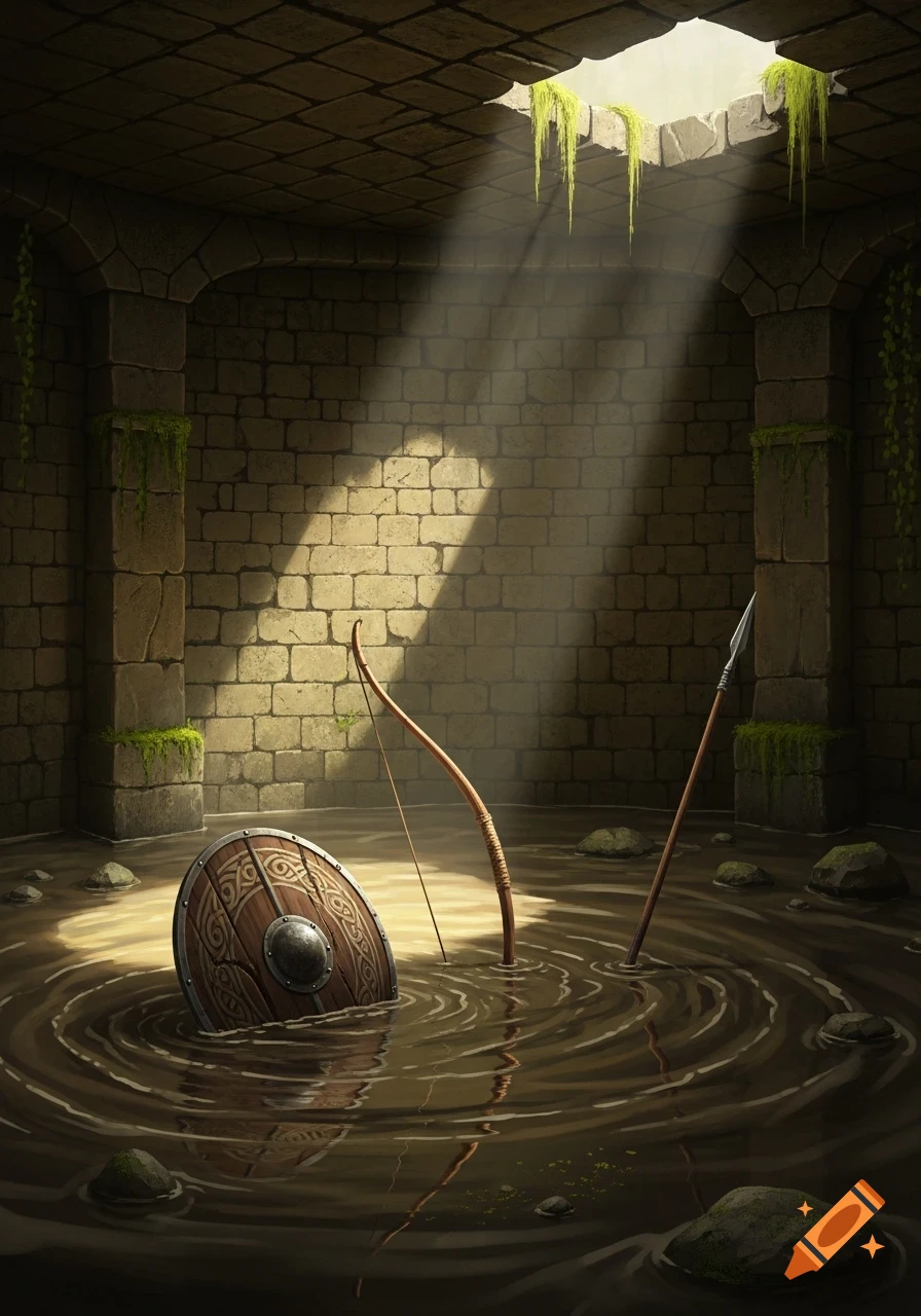 A worn wooden shield with Celtic patterns, a bow, and a spear standing in shallow muddy water in a sunlit stone dungeon.