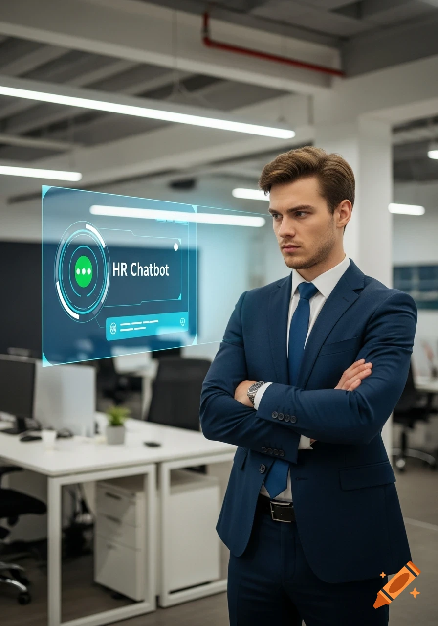 A man in a suit looks sternly at a holographic 'HR Chatbot' screen in an office setting.