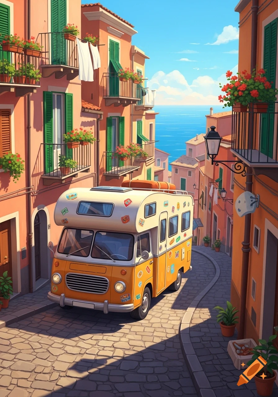 A stylized orange and white camper van drives on a cobblestone street through a colorful Italian coastal town towards the blue sea.